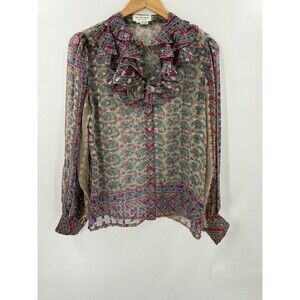 Vintage Womens The Silk Farm Blouse 100% Silk Ruffle Neck Sheer Size 6 Excellent